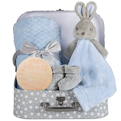 Image of Hoolaroo New Baby Hampers Gift Set Giftd Boy Unique Suitcase Memory Box Cute Soft Newborn Gifts Milestone Blue Bunny Comforter Blanket