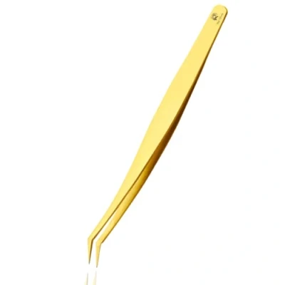Image of Eyelash Extension Tweezers Gold Straight Isolation Professional Isolator Stainless Steel Precision (Bend with Pointy End)