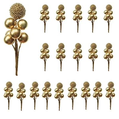 Image of RXXR 20 Branch Gold Holly Berry Stems Artificial Berries Picks Christmas Decor for DIY Garland, Gift Packaging and Holiday Wreath Ornaments