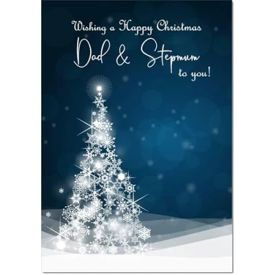 Image of doodlecards Dad &amp; Step Mum Christmas Card Blue Abstract Tree Medium Size with Plain Red Envelope, 21 x 15cm