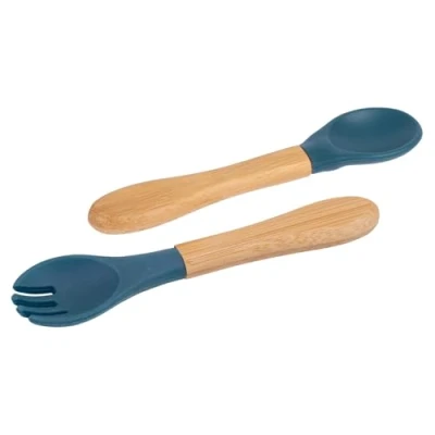 Image of 2pc Navy Blue Bamboo Baby Weaning Fork &amp; Spoon Set Small Toddler Kids Childrens First Self Feeding Food Cutlery Utensils by Tiny Dining