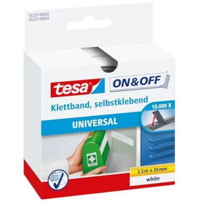 Image of tesa on &amp; Off General Purpose Stick Tape Self Adhesive Hook Loop for Quick Fastening of Light Objects White, 2 cm x 250