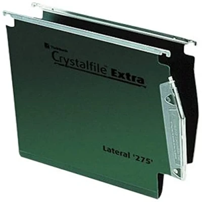 Image of Rexel 275 Lateral Hanging Files with Tabs and Inserts, 50 mm base, Polypropylene, Green, Crystalfile Extra, Pack of 25, 71763
