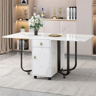 Image of ModernLuxe Folding Dining Table, Space saving Drop Leaf Table with 4 Supporting Legs on Gliders, Rectangular Kitchen Cupboard and 2 Drawers, 150x80x76cm, White Desktop &amp; Black Legs, 1PC