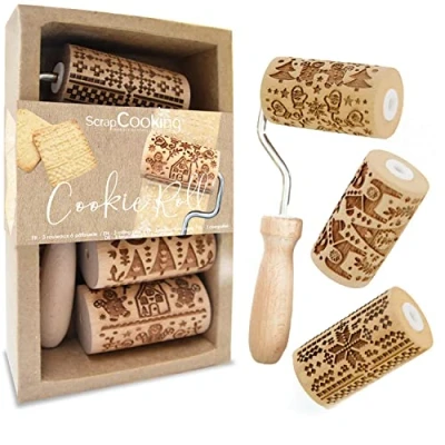 Image of SCRAP COOKING 3798 Christmas Cookie Roll Kit with 3 Mini Wooden Rolling Rolls Motifs Embossed Imprints Biscuits, Sandy, Cookies Decoration Mould