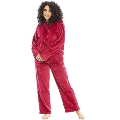 Image of Camille Women&#039;s 2 Piece Super Soft Pyjama Set Thick Luxury Fleece Full Length PJ Long Sleeved with Elasticated Waist &amp; Sherpa Lined Hood Magenta 10 12