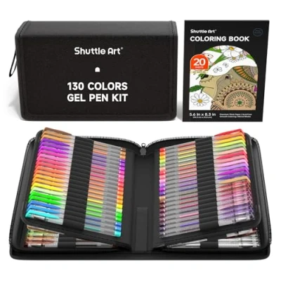 Image of Shuttle Art Gel Pens, 130 Colours Pen with 1 Colouring Book in Travel Case for Adults Books Drawing Crafts Scrapbooking Journaling