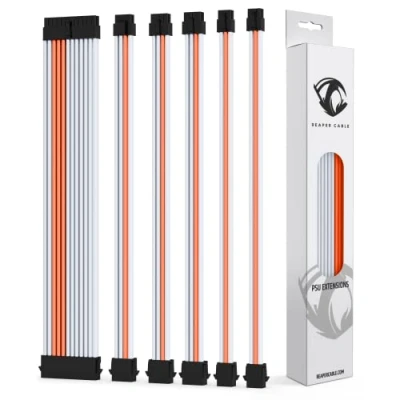 Image of Reaper Cable Sleeved PSU Extension Set Power Supply Extensions 1x 24 Pin/ 2x 8 6 4+4 Pin With Combs 30cm (White &amp; Orange)