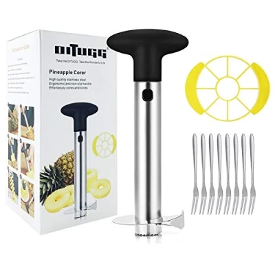 Image of Pineapple Cutter Slicer and Corer: [3 in 1] Stainless Steel for Corer &amp; peels Slices with 8 Pcs Fruit Forks [Black][Reinforced: Thicker Sharp Blade]