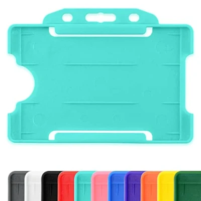 Image of Turquoise Single Sided Rigid Slide in Open Faced ID Card Badge Holders Horizontal/Landscape Identity Plastic Pass Protector Holds a 86mm 54mm cr80 Credit Sized Pack of 100