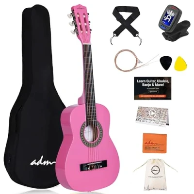 Image of ADM 1/4 Kids Classical Guitar Kit, Junior Set for Beginnner with Gig Bag, Clip on Tuner, Strap, Picks, Extra Strings, Storage Bag and Cleaning Cloth (Pink, 30&quot;)