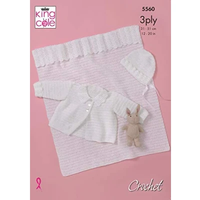 Image of King Cole 5560 Crochet Pattern Baby Jacket Bonnet and Blanket in Big Value 3 Ply