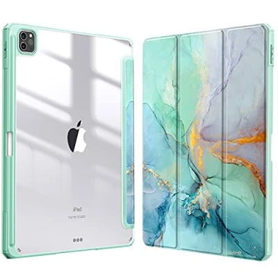 Image of FINTIE Hybrid Case Compatible with iPad Pro 12.9 inch (2022/2021/2020/2018, 6th/5th/4th/3rd Generation) Shockproof Clear Back Cover Pencil Holder, Auto Wake/Sleep, Emerald Marble