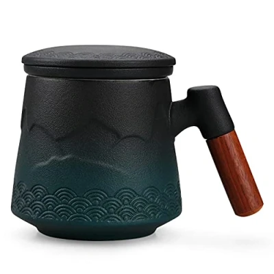 Image of NCQIXIAO Tea Cup with Infuser and Lid, Gradual Mountain Spray Mug Cups Infuser, Wood Handle Ceramic Coffee Lid 430ml/14.50 OZ (Gradient Green)