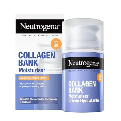 Image of Neutrogena Collagen Bank Face Moisturiser with SPF 30, Daily Anti Ageing &amp; Neck Cream Micro peptides and Broad Spectrum SPF, for all skin types, 50ml