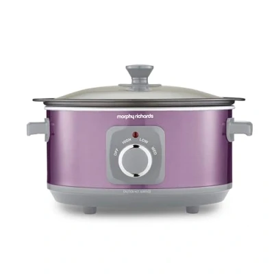 Image of Morphy Richards Accents 3.5L Sear &amp; Stew Slow Cooker, Shatter Resistant Non Stick Aluminium Pot, Single Pot Cooking, Compact, 3 Heat Settings, Hob Proof, Glass Lid, Easy Clean, 163W, Purple, 460024