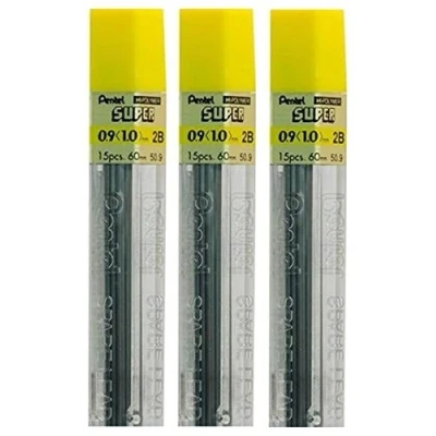 Image of Pentel 0.9mm Size 2B Shade Hardness Pencil Refill Replacement Spare Leads Hi Pollymer Super For Automatic &amp; Mechanical Pencils (Pack Of 3 Tubes 45 Pieces)
