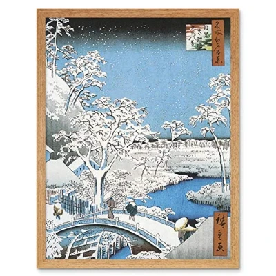Image of Wee Blue Coo Painting Japanese Woodblock Winter Bridge Over River Art Print Framed Poster Wall Decor 12x16 inch