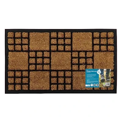 Image of JVL Comfort Rubber Backed Coir Tuffscrape Scraper Doormat, 40x70 cm, Chequered