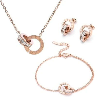 Image of Hanaoops Jewellery Set for Women Necklace Bracelet and Earrings Double Circle Pendant Cubic Zirconia Round Interlocking Gifts Teen Girls