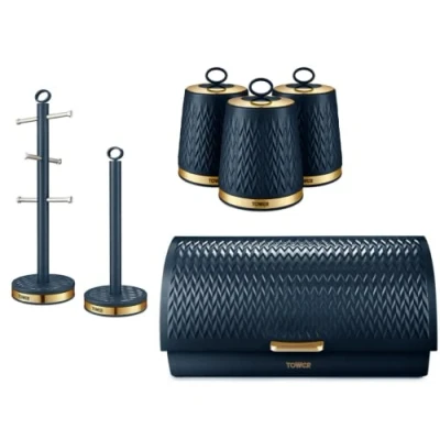 Image of Tower Empire Kitchen Storage Set. Bread Bin, Set of 3 Tea, Coffee, Sugar Canisters, Mug Tree &amp; Towel Pole in Midnight Blue. Contemporary Art Deco Design 6 Items
