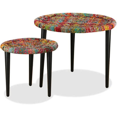 Image of vidaXL Coffee Table Set Round Nesting Tables with Multicolour Chindi Weave Details and Durable Powder Coated Steel Frame of 2
