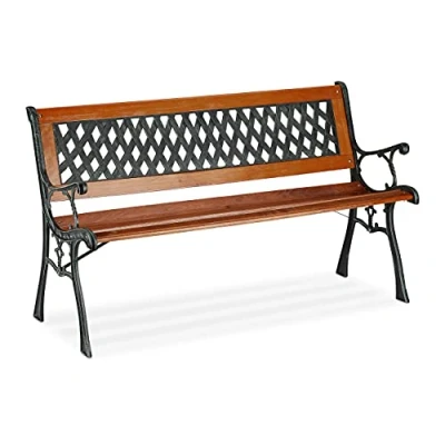 Image of Relaxdays Garden Bench, 2 Seater, Wood &amp; Cast Iron, Balcony Terrace, Rustic Style, HxWxD: 73x125x52.5 cm, Brown/Green