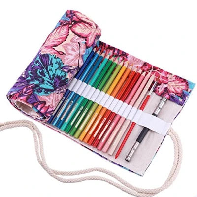 Image of Amoyie Pencil Organiser Bag Hand Roll Up Pen for 72 Coloring Canvas Wrap Artist Carrier Bag, Maple leaves Holes