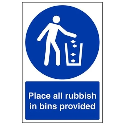 Image of VSafety Place All Rubbish In Bins Provided Sign Portrait 200mm x 300mm Self Adhesive Vinyl