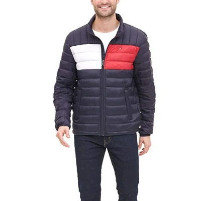 Image of Tommy Hilfiger Men&#039;s Packable Down Puffer Jacket Coat, Flag Color Block, L