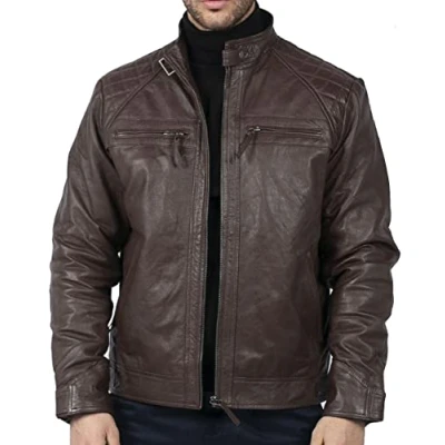 Image of TruClothing Men&#039;s Biker Jacket Outwear Windproof Winter Motorcycle Rider Real Leather Jackets Coat Retro Brown Coco XL