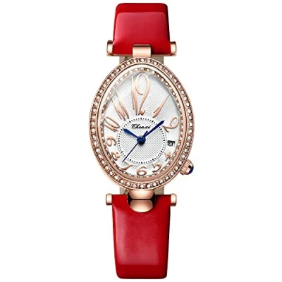 Image of JewelryWe Women Watches Rhinestone Iced Out Oval Dial Analog Big Numerals Quartz Calendar Watch Business Casual Leather Wristwatch