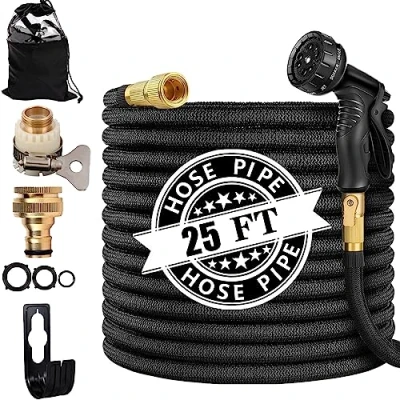 Image of Expandable Garden Hose Pipe 25FT, 3 Times Expanding Flexible Magic Lightweight Watering with 10 Function Spray Gun/Brass Fittings/Anti Leakage 3/4&#039;&#039;&amp;1/2&#039;&#039; Connectors Hosepipe(25ft)