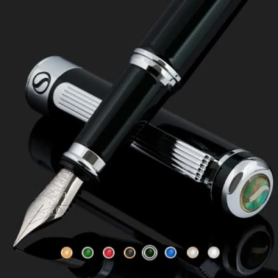 Image of Scriveiner Black Green Fountain Pen Stunning Luxury with Chrome Finish, Schmidt Nib (Fine), Best Gift Set for Men &amp; Women, Professional, Executive, Office, Nice Pens