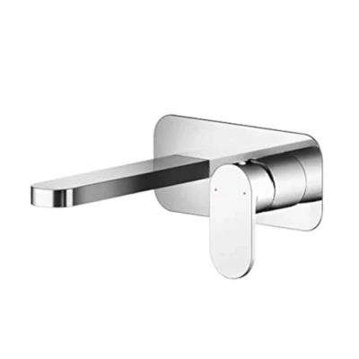Image of Nuie BIN328 Binsey Modern Bathroom Round Wall Mount 2 Hole Basin Mixer Tap with Lever Handle and Plate, 80mm, Chrome