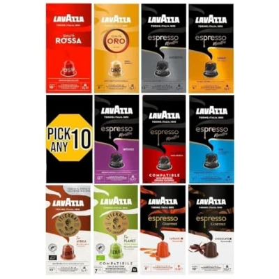 Image of Lavazza Nespresso Compatible Aluminium Coffee Capsules. Pick Any 10 Packs from Qualita Rossa, ORO, Espresso Maestro Lungo, Intenso, Classico, Ristretto, Dek. Etc (Total 100 Pods)