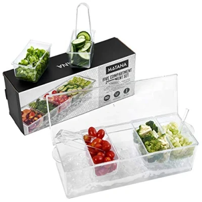 Image of MATANA Chilled Condiment Server Garnish Caddy Tray with Ice Chamber, 5 Compartments, 3 Tongs, Spoons Condiments Serving Container for Bars, Parties, &amp; Gatherings