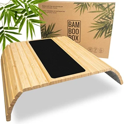 Image of BAM BOO BOX Sofa arm tray, Bamboo Wooden Armchair Foldable Couch table Flexible table, Side Armrest Natural Colour with Non Slip Pad