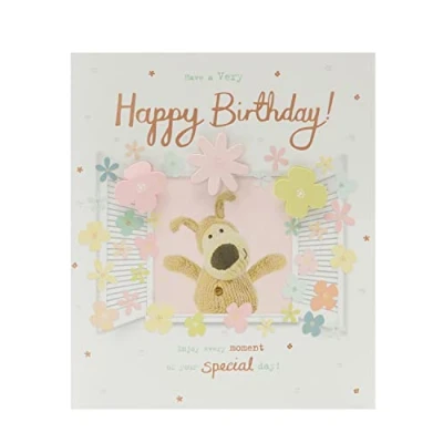 Image of Boofle Birthday Card Cute for Friend Her Happy at Window,yellowwhitegreengreybeige, 159mm x 184mm