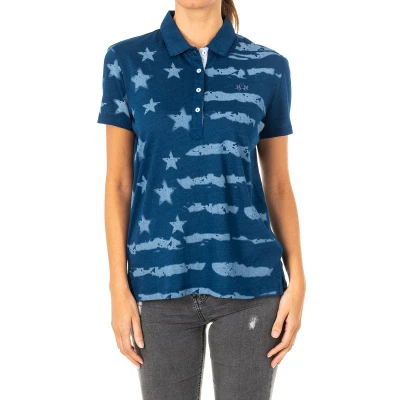 Image of La Martina Womenss short sleeve polo shirt with lapel collar LWP305 Blue Cotton Size Medium