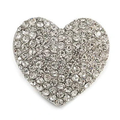 Image of Avalaya Clear Diamante Heart Brooch (Silver Tone) 35mm Wide
