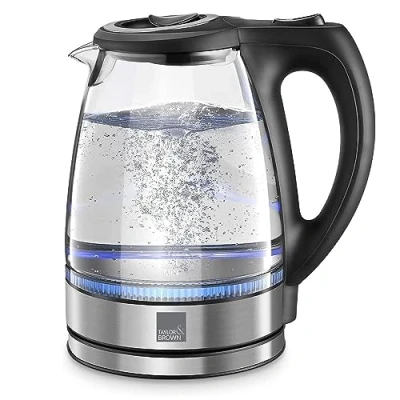 Image of Taylor &amp; Brown Cordless Electric Kettle Glass, Fast Boil Quiet, 2200W 1.7L with Blue LED, Stainless Steel, Dry Protection, Black, BPA Free