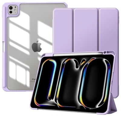 Image of TiMOVO for iPad Pro 11 inch (M4) Case 2024 with Pencil Holder, Slim Stand Protective Cover Clear Transparent Back Shell Tablet, Support Auto Wake/Sleep, Taro Purple
