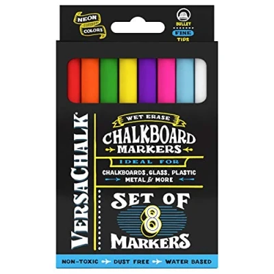 Image of VersaChalk Neon Liquid Chalk Markers for Blackboards (Set of 8, 3mm, Fine Tip) Erasable Washable Pens Chalkboard Signs, Windows, Glass, Events, Schools, Office Supplies, and Business