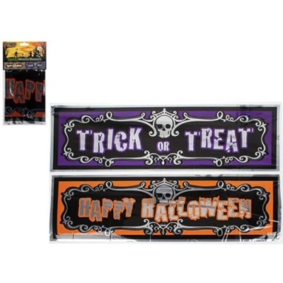 Image of &quot;Happy Halloween&quot; &amp; &quot;Trick or Treat&quot; Assorted Foil Metallic Banners (3 ft.) Pack of 2 Festive Vibrant Halloween Decor, Perfect for Haunted House, Scary Movie Nights, More