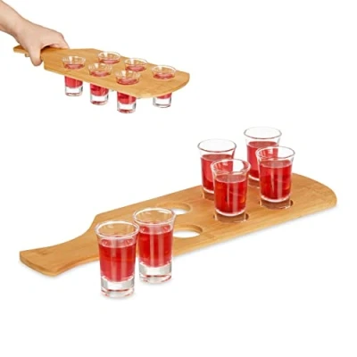 Image of Relaxdays Shot Holder, 6 Glasses, Bamboo Handle, 40ml Capacity, Gift Idea, Celebration, Party, Stag Do, Drink, Natural, 7 x 40 14 cm