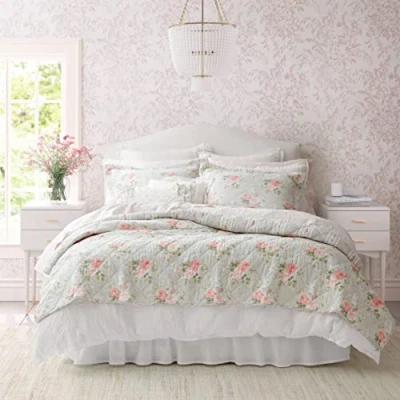 Image of Laura Ashley Reversible Cotton Bedding with Matching Sham(s), Lightweight Home Decor for All Seasons, Melany Pink, Twin