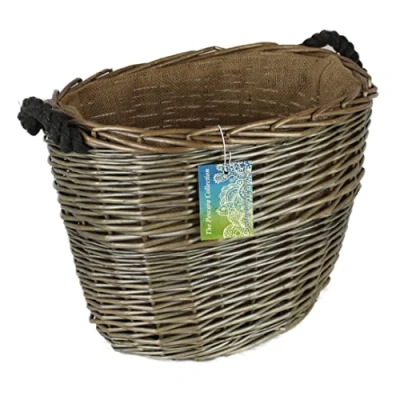 Image of Oval Grey &amp; Antiqued Wicker log baskets. Hessian lined. wood kindling storage for home hearths and fireplace. Large burner bin (Rope Handle, 41cm)