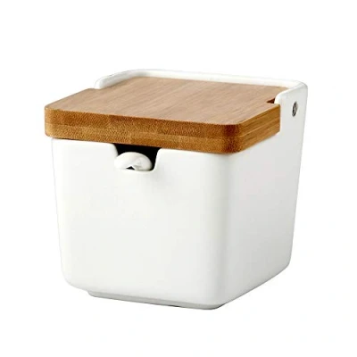 Image of OnePine 250ml Sugar Bowl, Ceramic Salt Container Condiment Pots with Bamboo Lid and Spoon for Home Kitchen