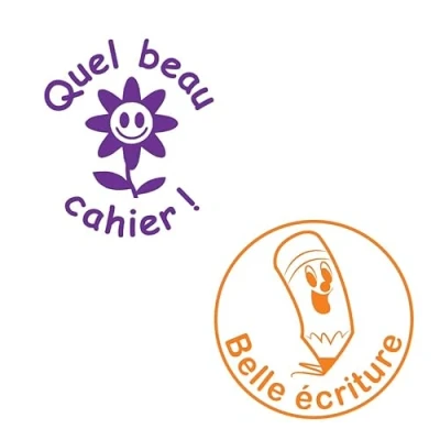 Image of French MFL Teacher Stamps Quel Beau Cahier! &amp; Belle ecriture. Two Stamp Set Reinkable. 22mm